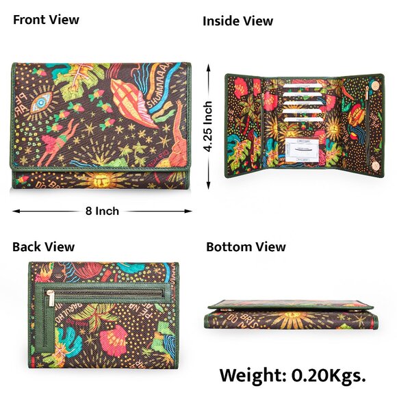 Hand Crafted Fabric Printed Green Trifold Wallet Card Holder – Women’s Organizer - Picture 3 of 9